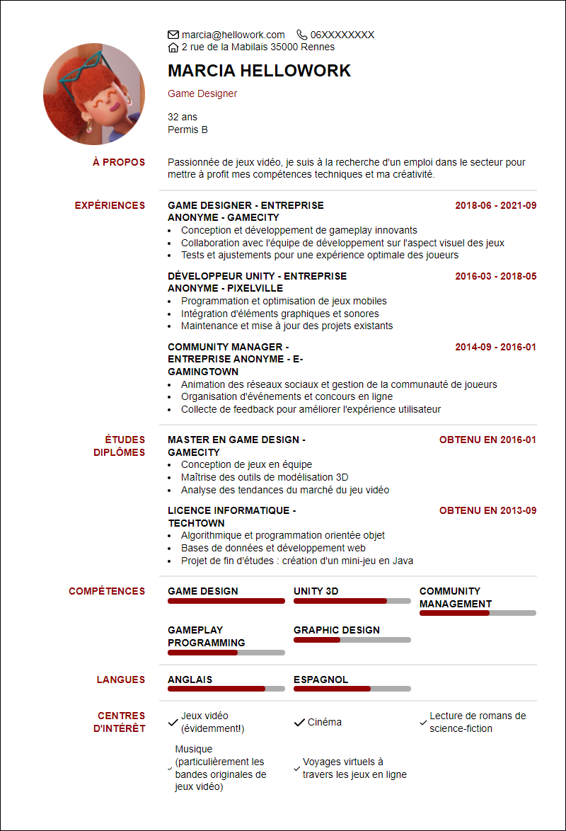 Modèle CV Jeux video Exemple CV Jeux video
