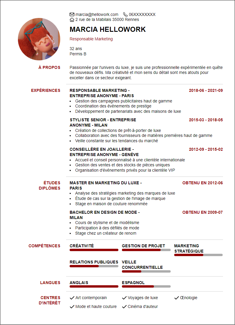 Modèle CV Luxe Exemple CV Luxe