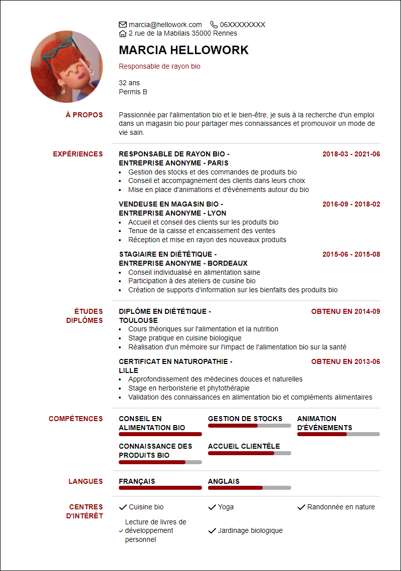 Modèle CV Magasin bio Exemple CV Magasin bio