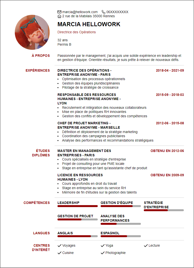 Modèle CV Management Exemple CV Management