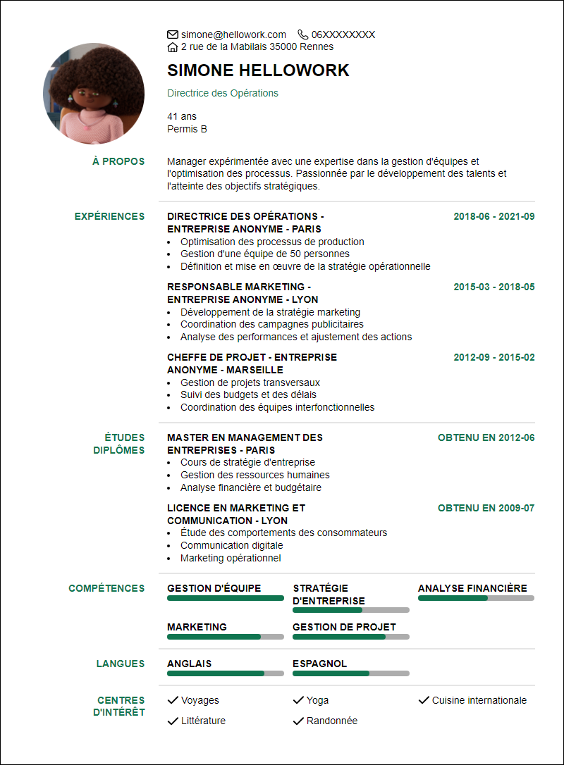 Modèle CV Manager Exemple CV Manager