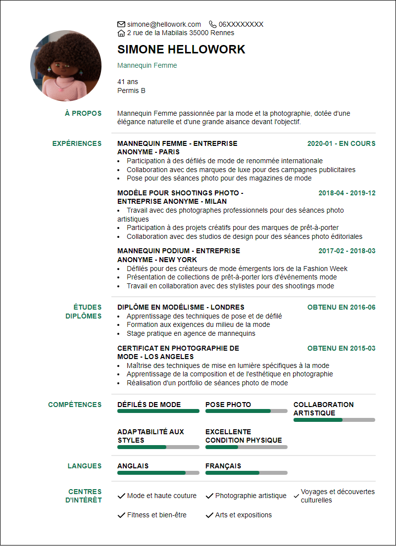 Modèle CV Mannequin Femme Exemple CV Mannequin Femme