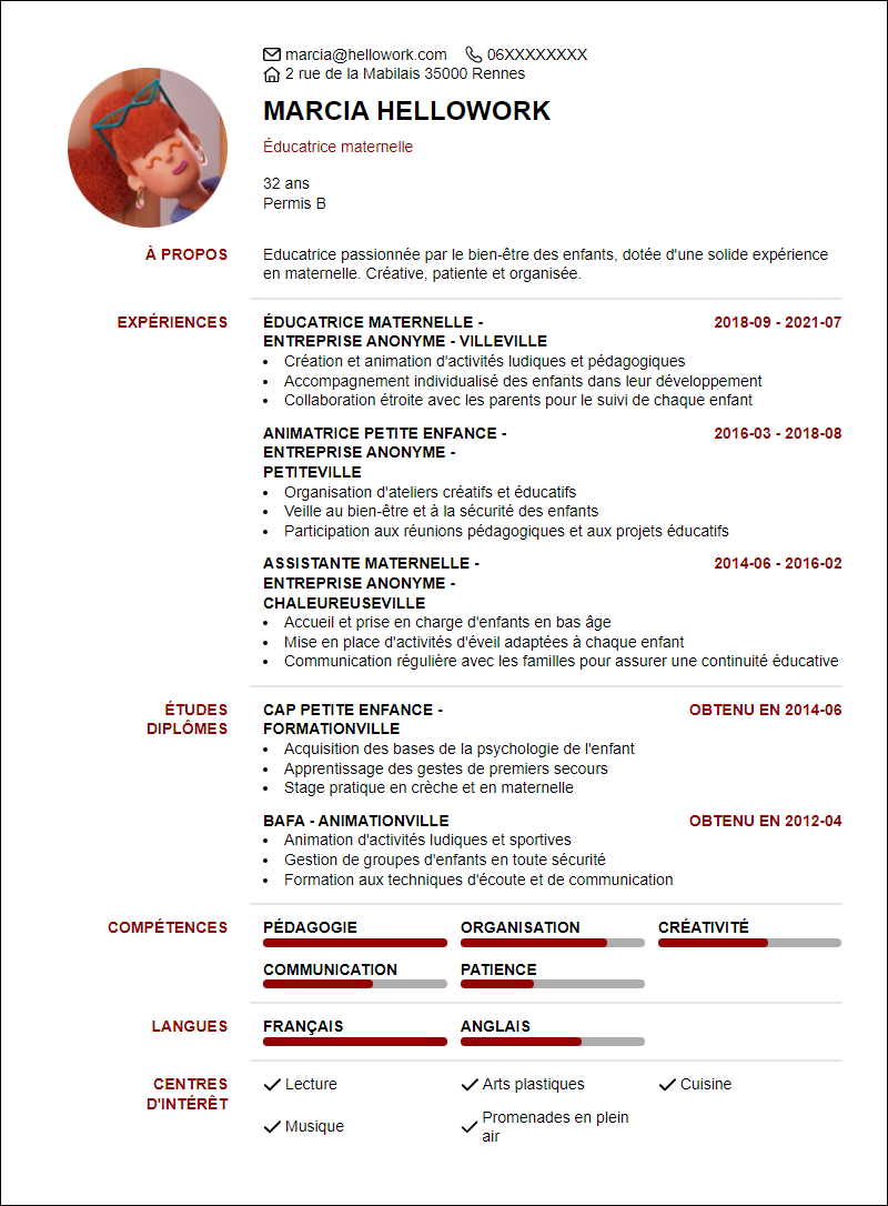 Modèle CV Maternelle Exemple CV Maternelle