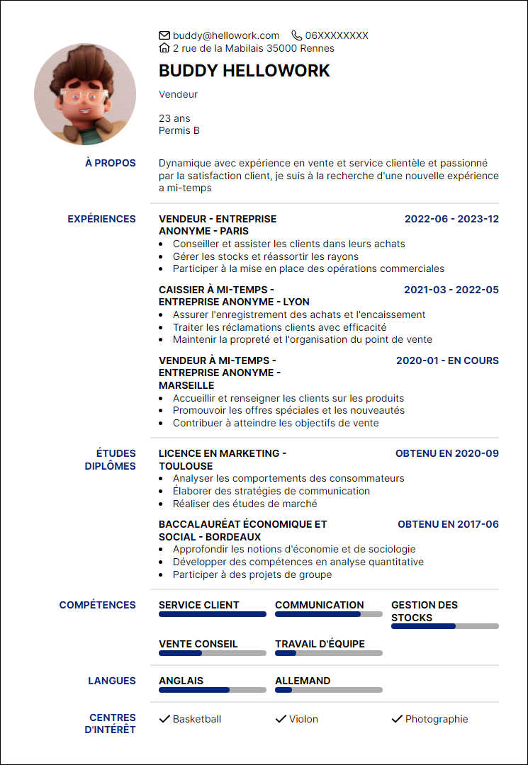 Modèle CV Mi temps Exemple CV Mi temps