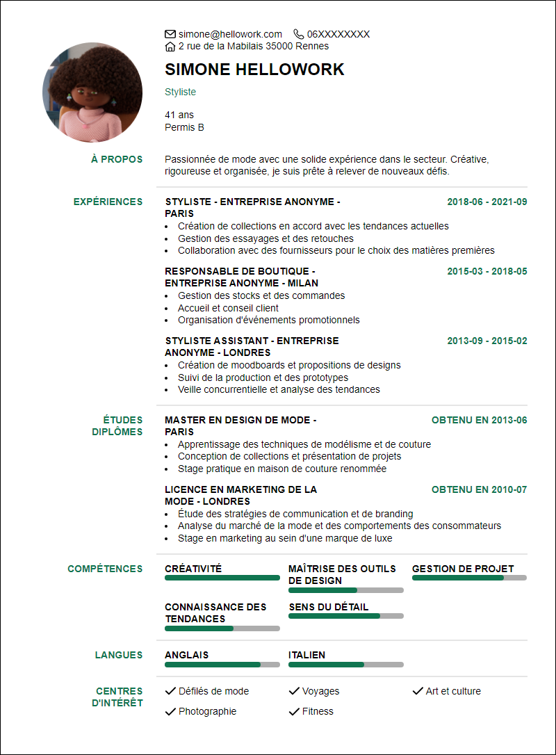 Modèle CV Mode Exemple CV Mode