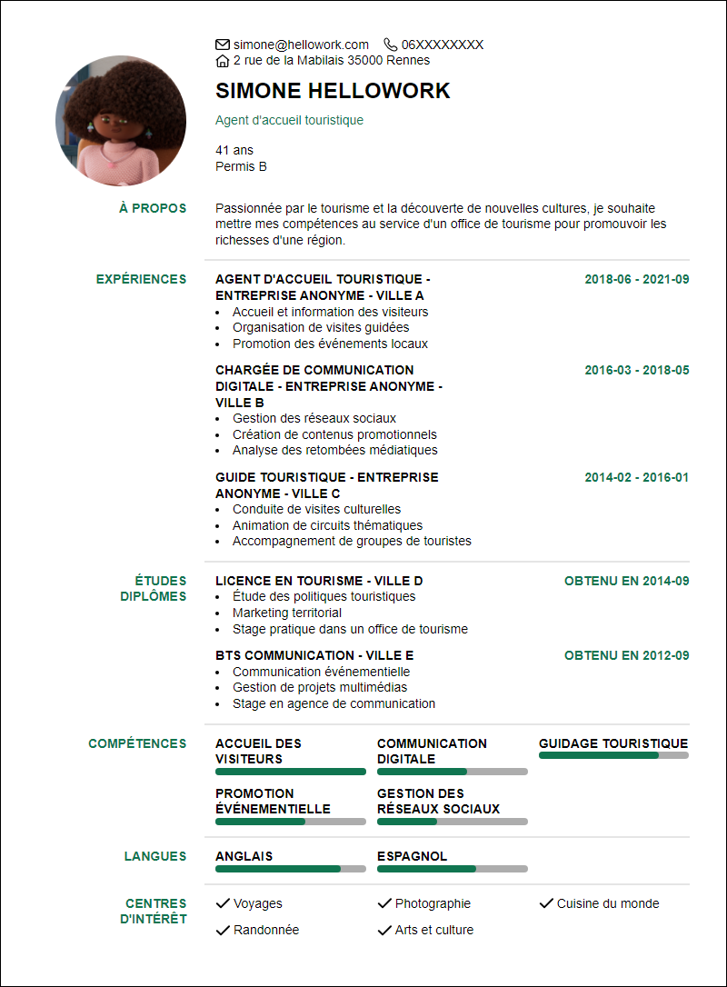 Modèle CV Office de tourisme Exemple CV Office de tourisme