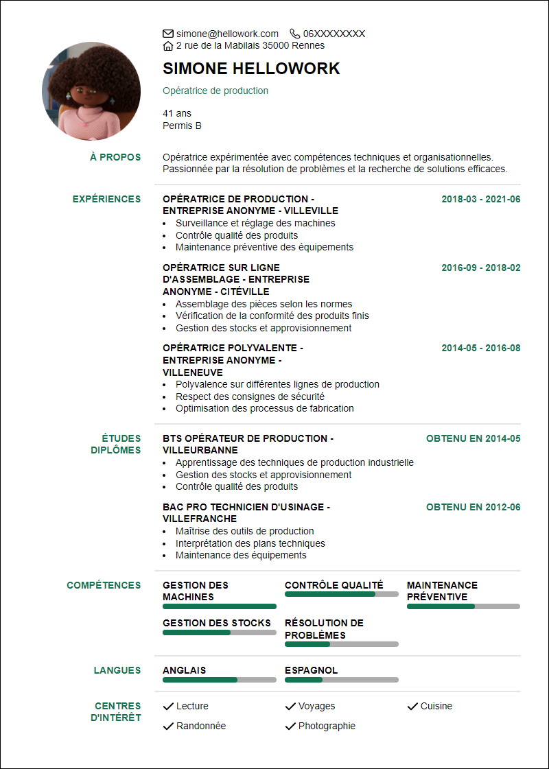 Modèle CV Opérateur Exemple CV Opérateur