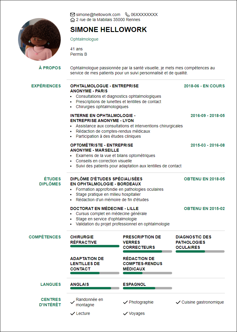 Modèle CV Ophtalmo Exemple CV Ophtalmo