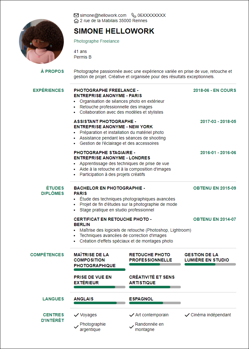Modèle CV Photographie Exemple CV Photographie