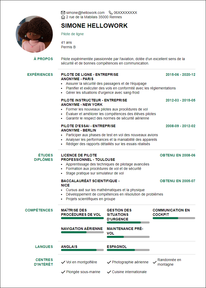 Modèle CV Pilote Exemple CV Pilote