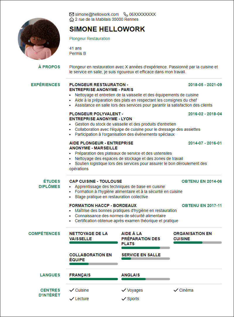 Modèle CV Plongeur Restauration Exemple CV Plongeur Restauration
