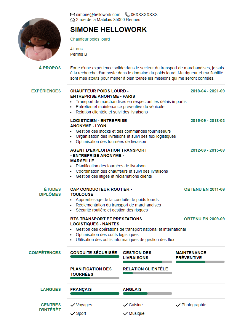 Modèle CV Poids Lourd Exemple CV Poids Lourd