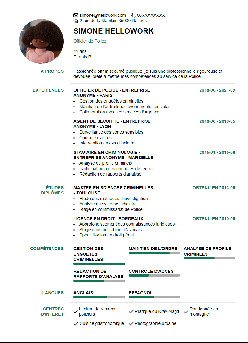 Modèle CV Police Exemple CV Police