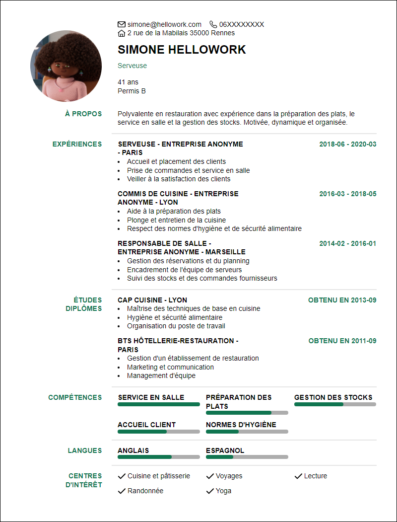 Modèle CV Polyvalent restauration Exemple CV Polyvalent restauration