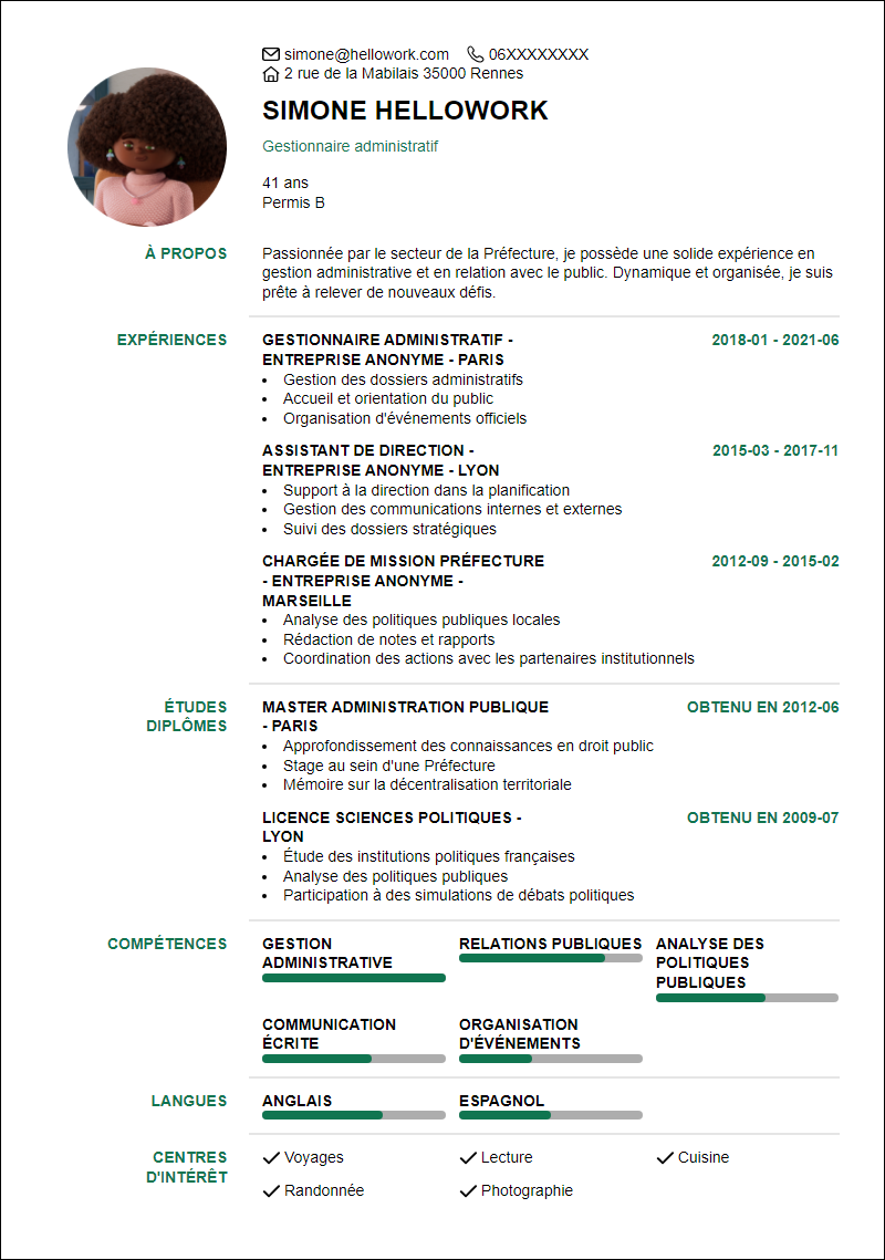 Modèle CV Prefecture Exemple CV Prefecture
