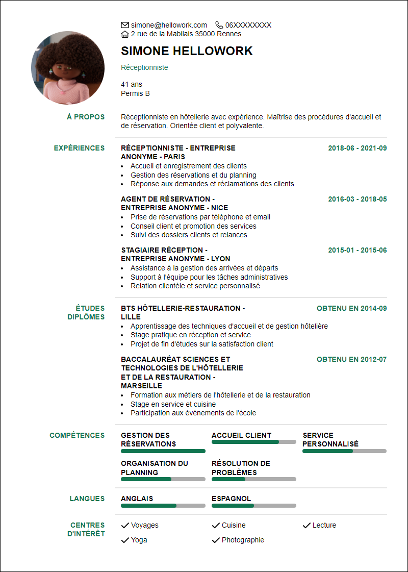 Modèle CV Receptionniste Hotellerie Exemple CV Receptionniste Hotellerie