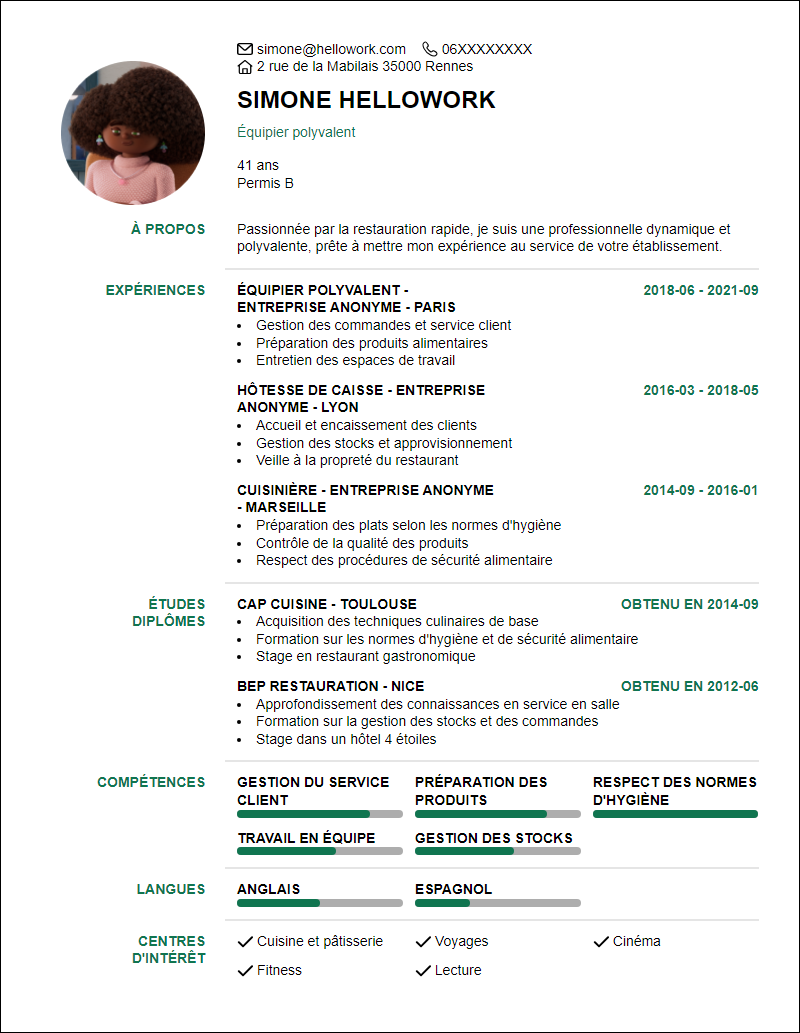 Modèle CV Restauration rapide Exemple CV Restauration rapide