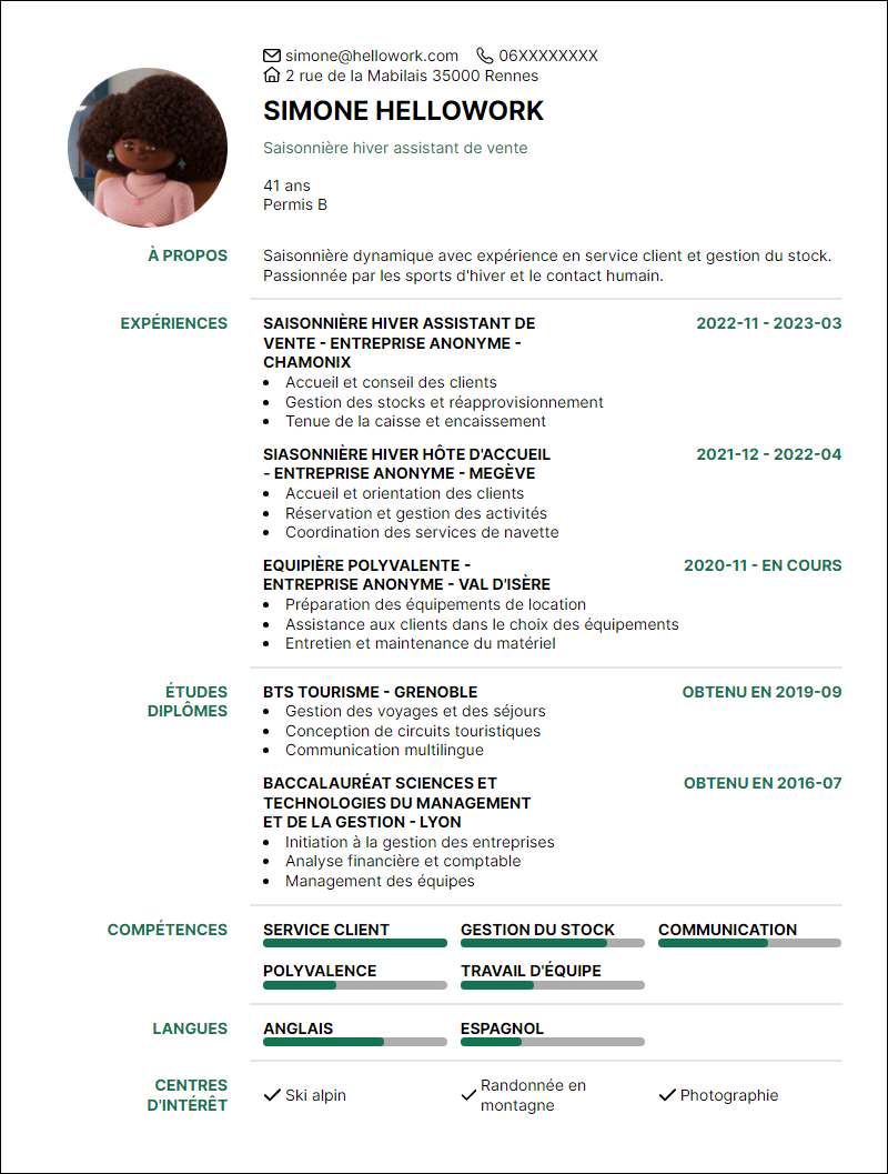 Modèle CV Saisonnier Hiver Exemple CV Saisonnier Hiver