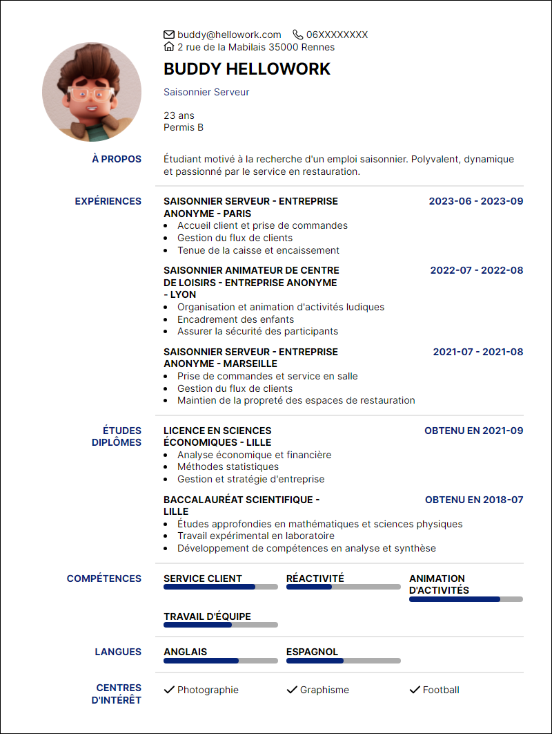 Modèle CV Saisonnier Exemple CV Saisonnier