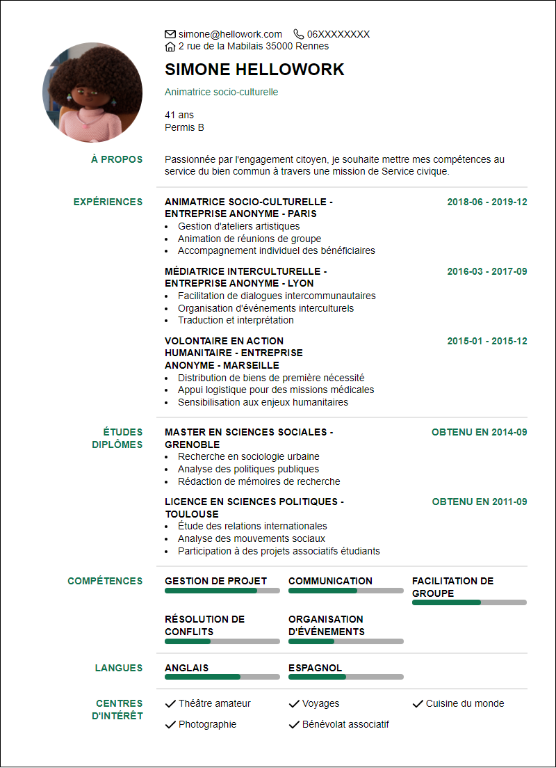 Modèle CV Service civique Exemple CV Service civique