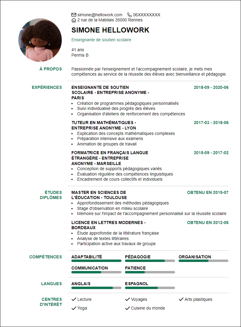 Modèle CV Soutien scolaire Exemple CV Soutien scolaire