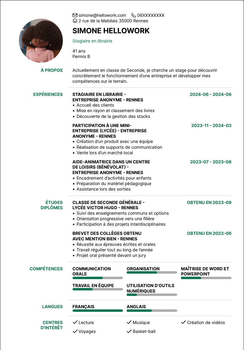 Modèle CV Stage de seconde Exemple CV Stage de seconde