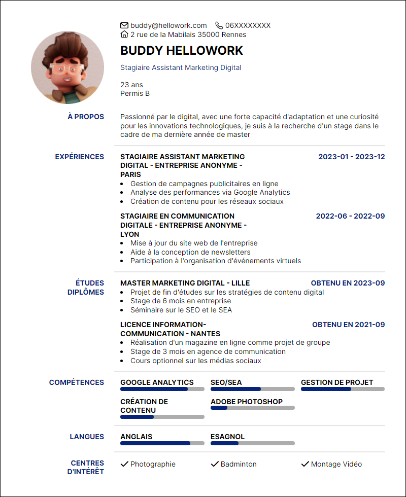 Modèle CV Stage Exemple CV Stage