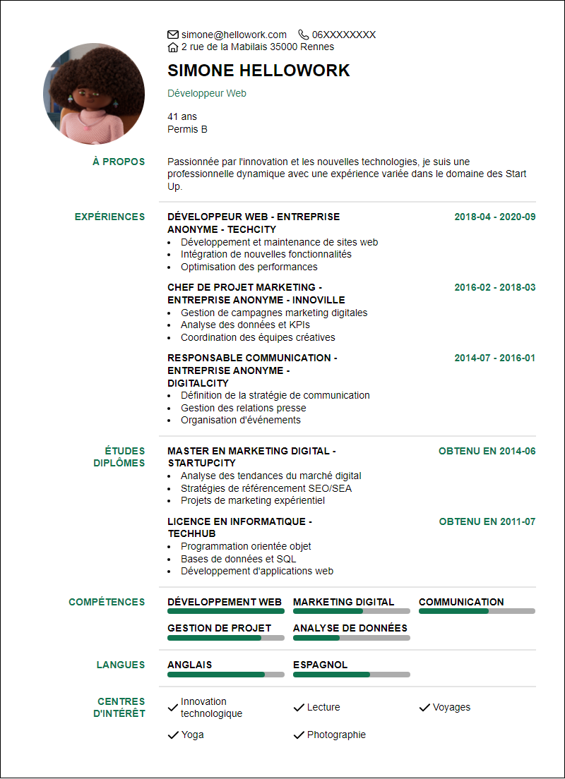 Modèle CV Start Up Exemple CV Start Up