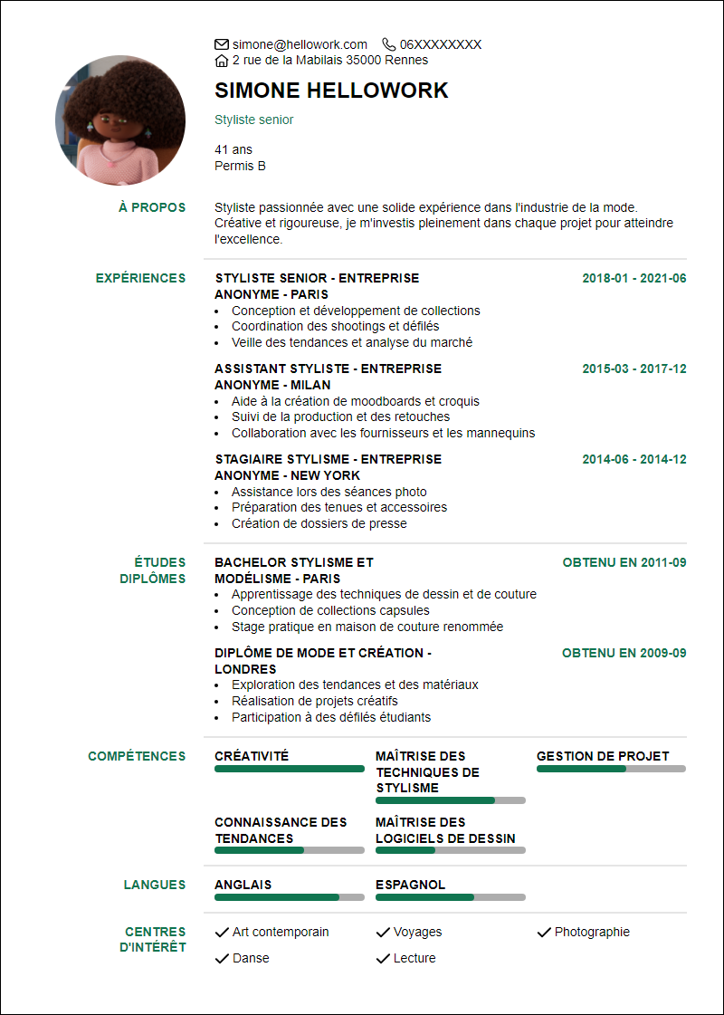 Modèle CV Stylisme Exemple CV Stylisme