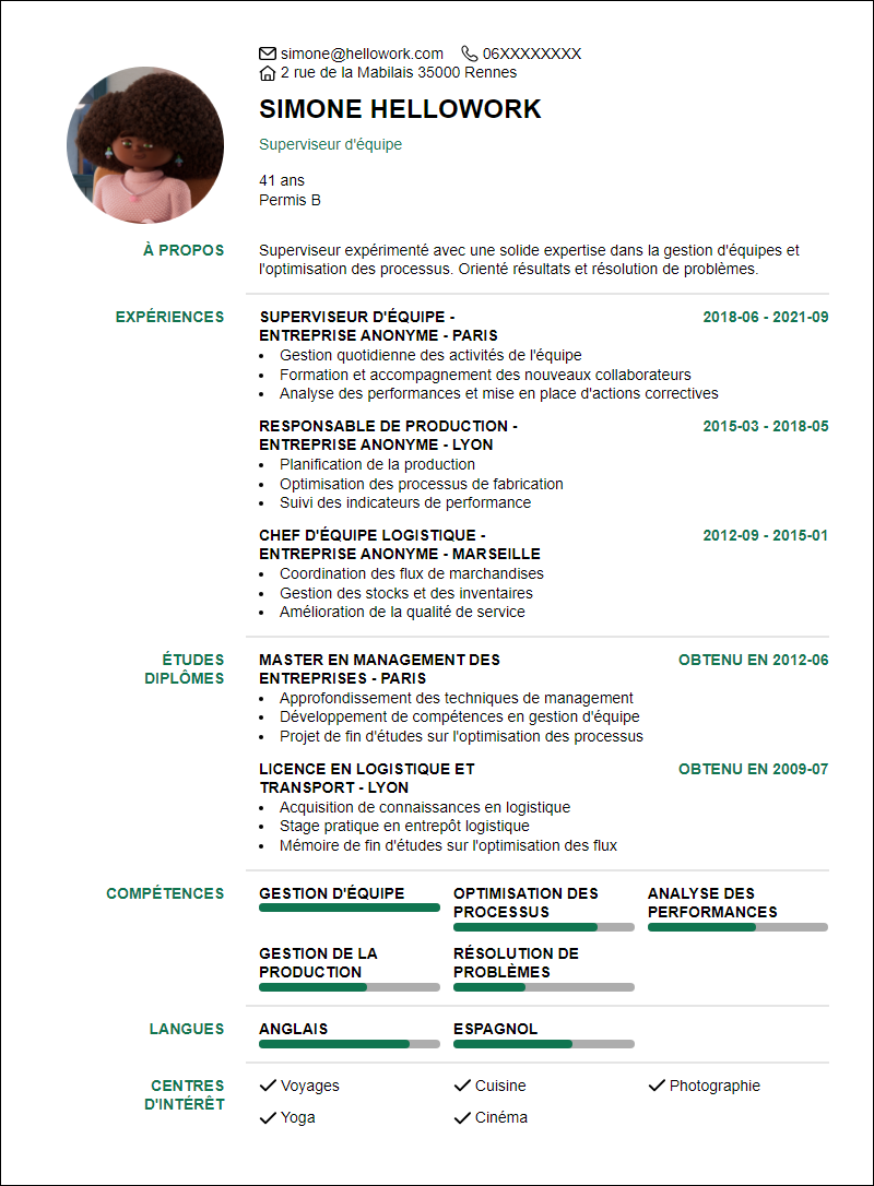 Modèle CV Superviseur Exemple CV Superviseur