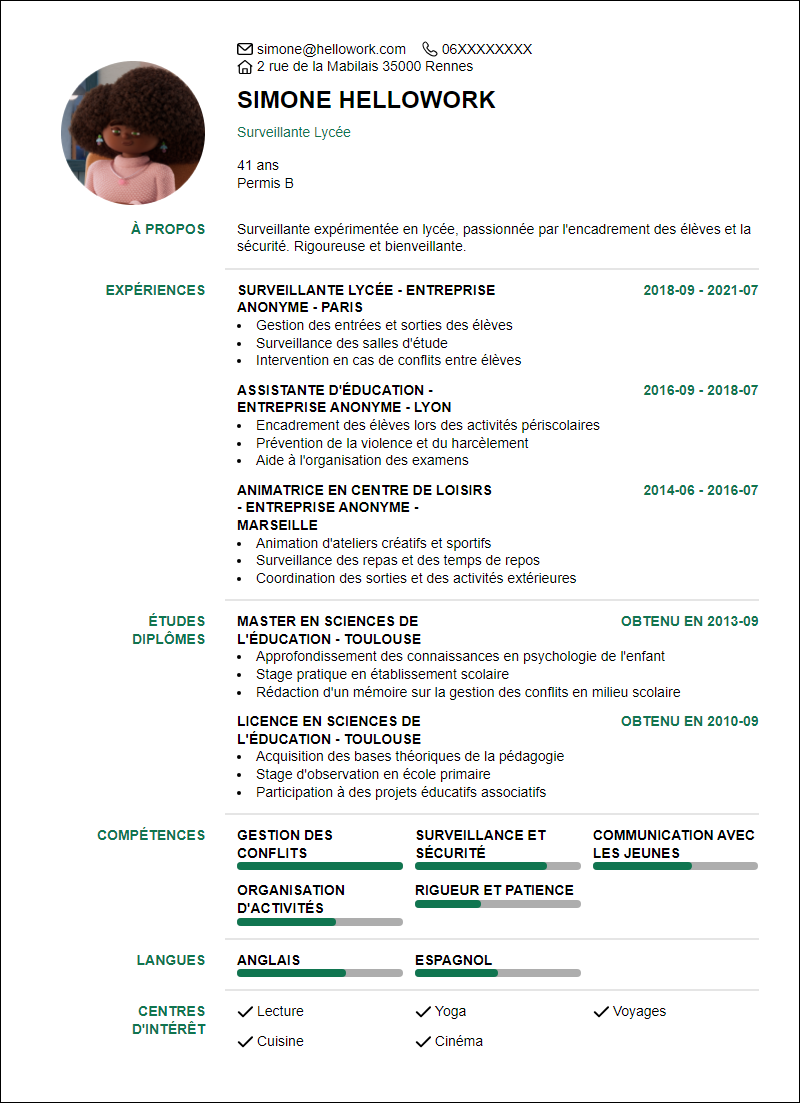 Modèle CV Surveillant Lycee Exemple CV Surveillant Lycee