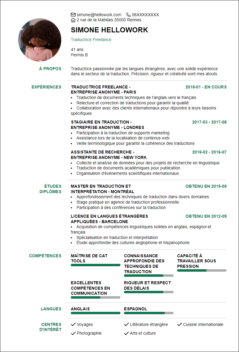 Modèle CV Traduction Exemple CV Traduction