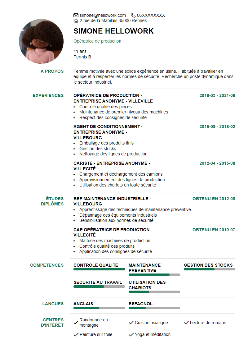 Modèle CV Usine Exemple CV Usine