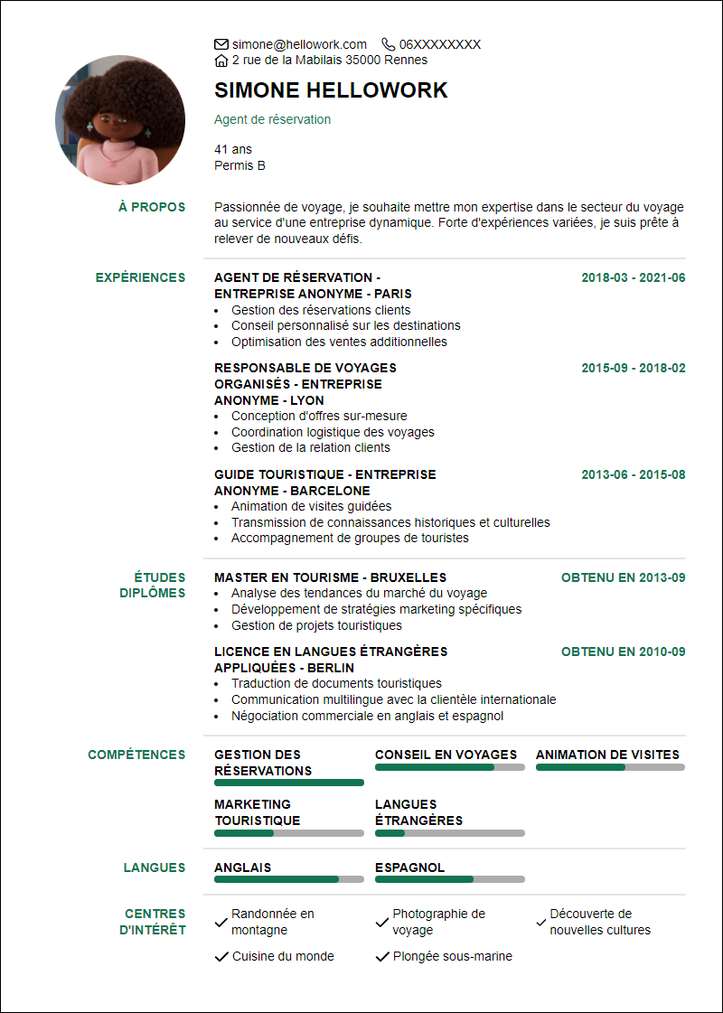 Modèle CV Voyage Exemple CV Voyage