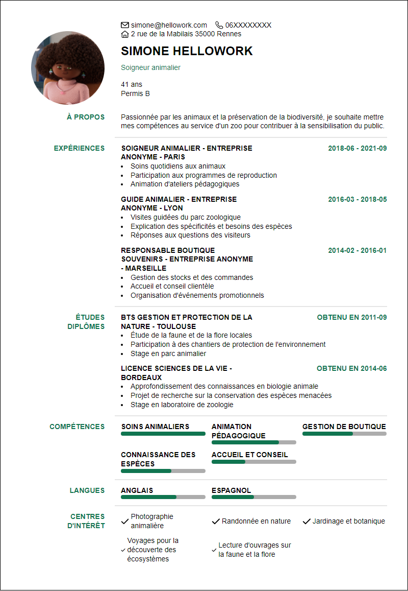 Modèle CV Zoo Exemple CV Zoo