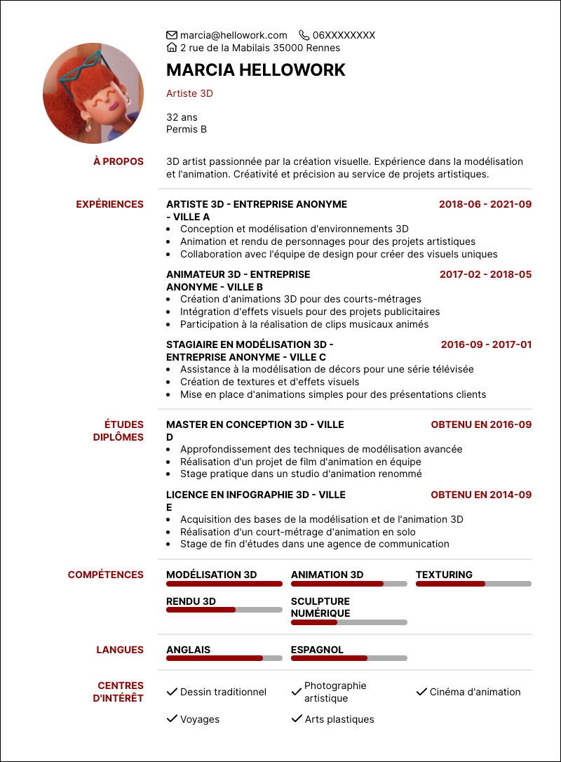 Modèle CV 3D artist Exemple CV 3D artist