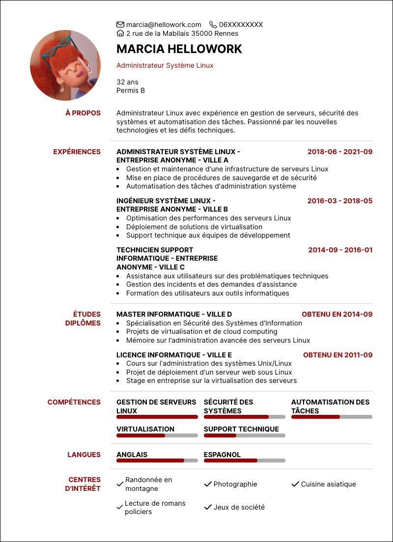 Modèle CV Administrateur Linux Exemple CV Administrateur Linux