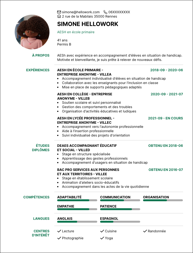 Modèle CV AESH Exemple CV AESH