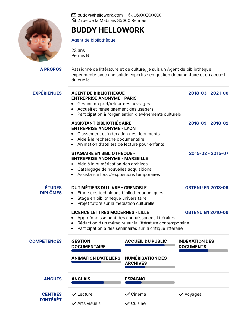 Exemple CV Agent bibliothèque
