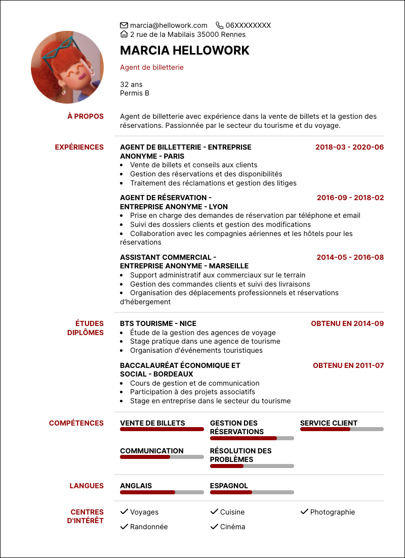 Modèle CV Agent de billetterie Exemple CV Agent de billetterie
