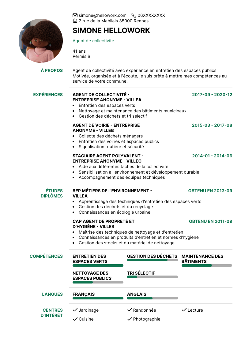 Modèle CV Agent de collectivité Exemple CV Agent de collectivité