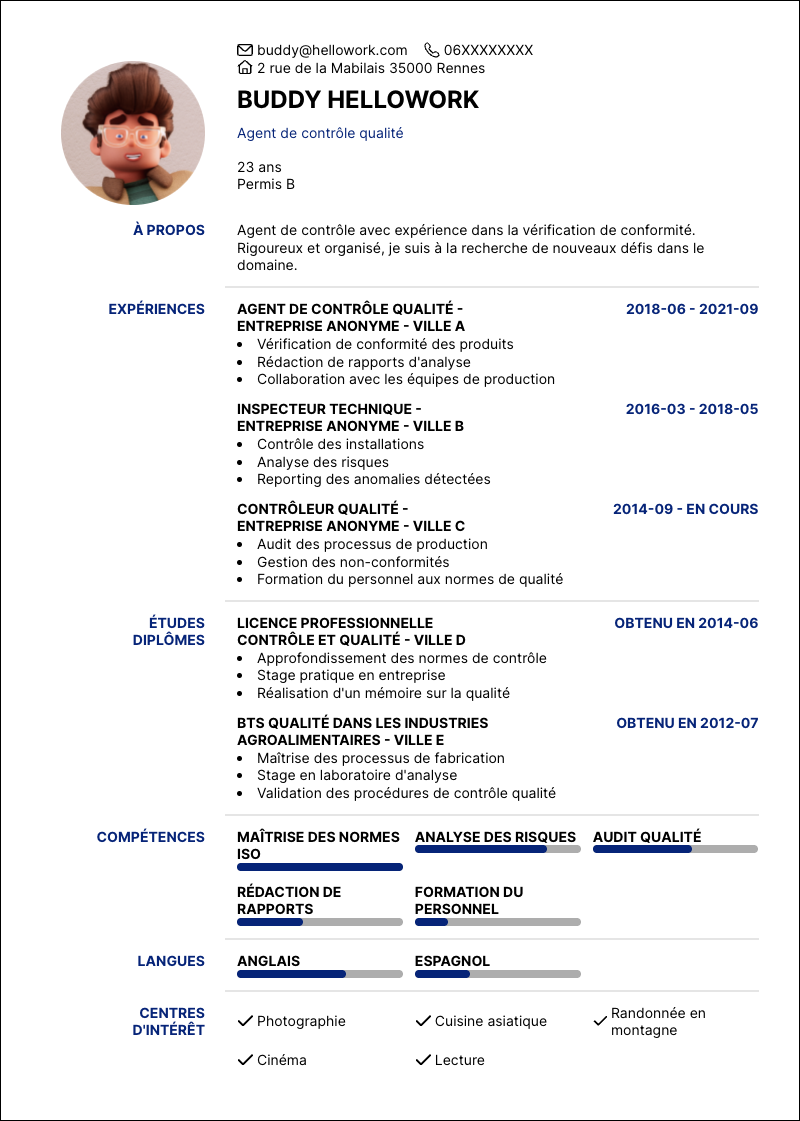 Modèle CV Agent de contrôle Exemple CV Agent de contrôle