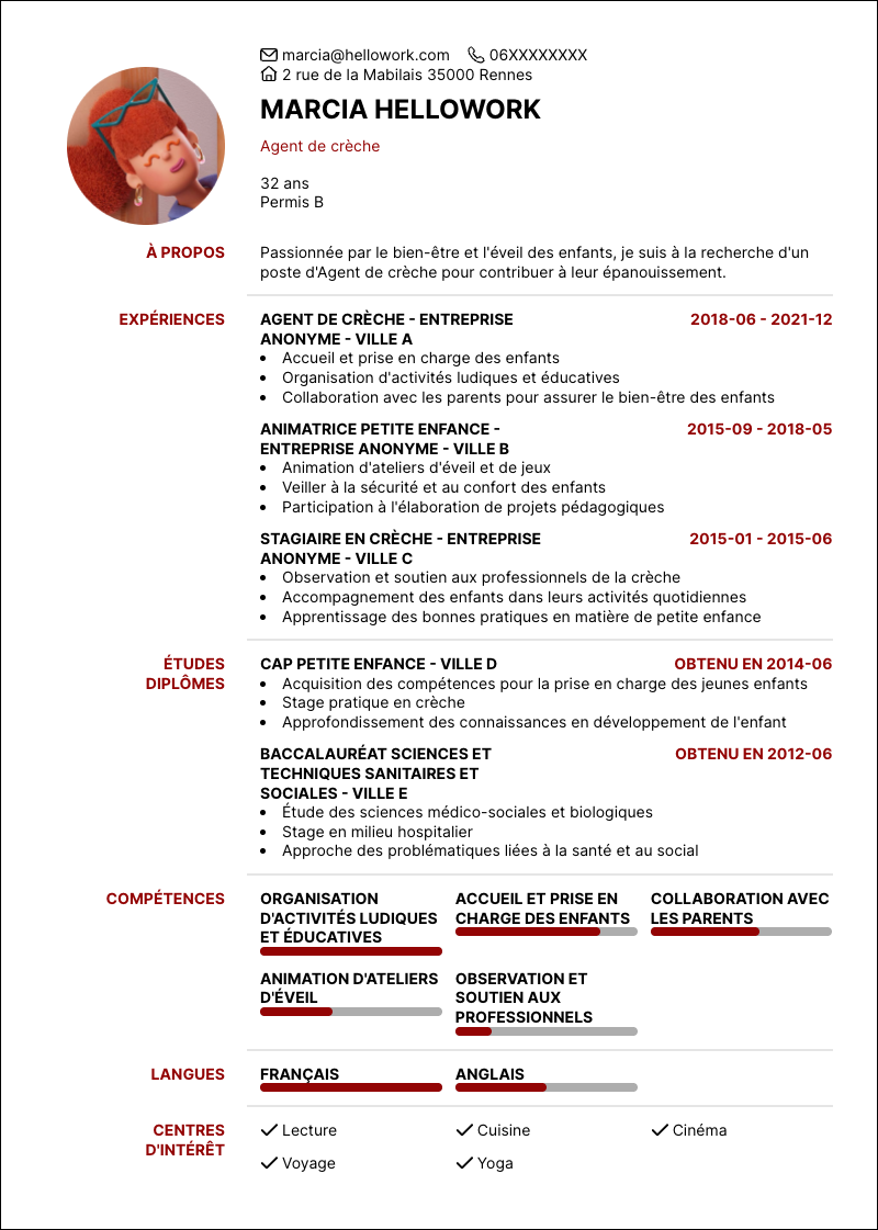 Modèle CV Agent de crèche Exemple CV Agent de crèche