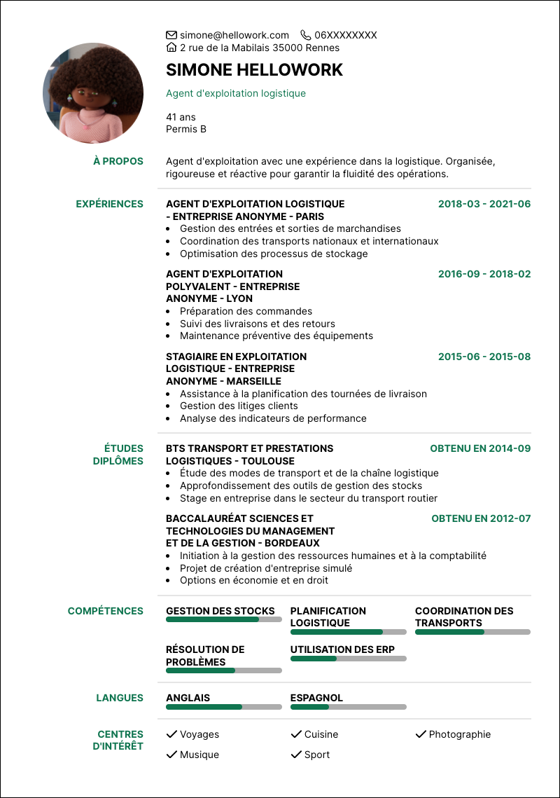 Modèle CV Agent d'exploitation Exemple CV Agent d'exploitation