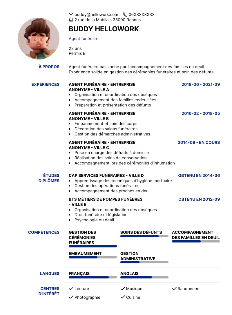 Modèle CV Agent funéraire Exemple CV Agent funéraire