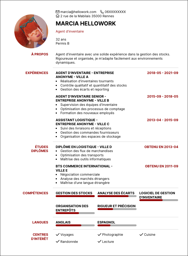 Modèle CV Agent d'inventaire Exemple CV Agent d'inventaire