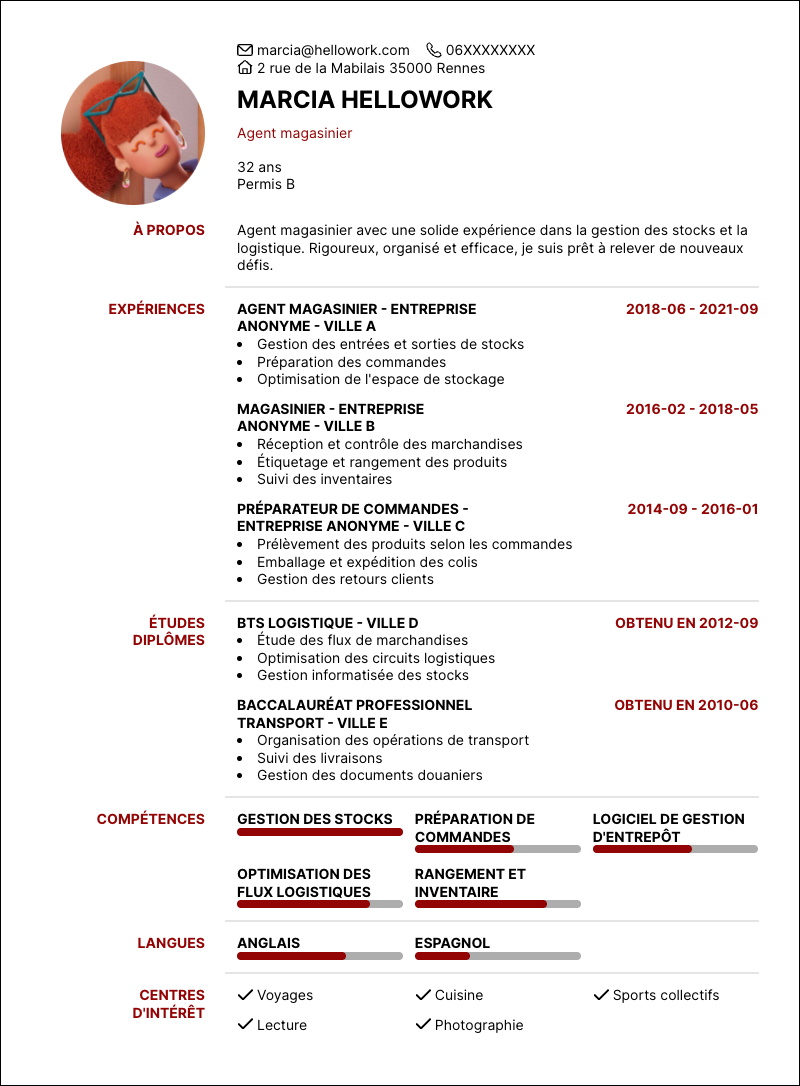 Modèle CV Agent magasinier Exemple CV Agent magasinier