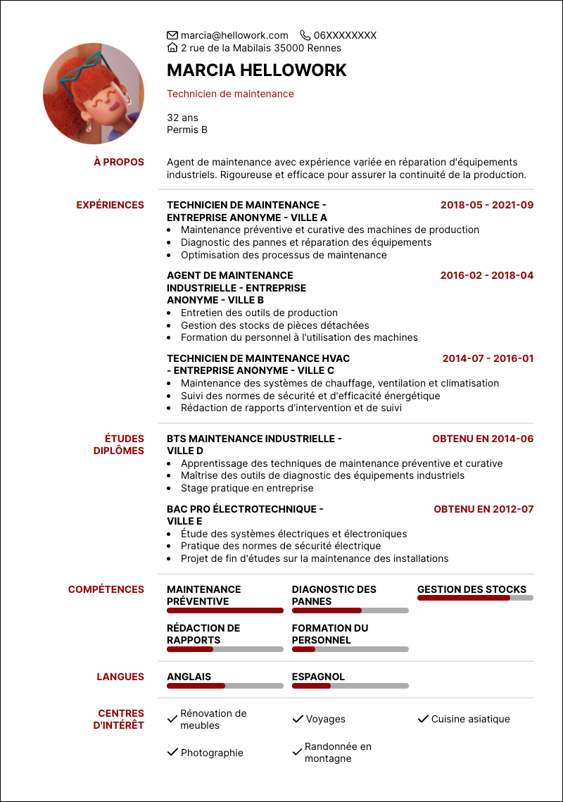 Modèle CV Agent de maintenance Exemple CV Agent de maintenance