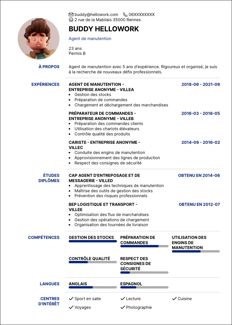 Exemple CV Agent de manutention