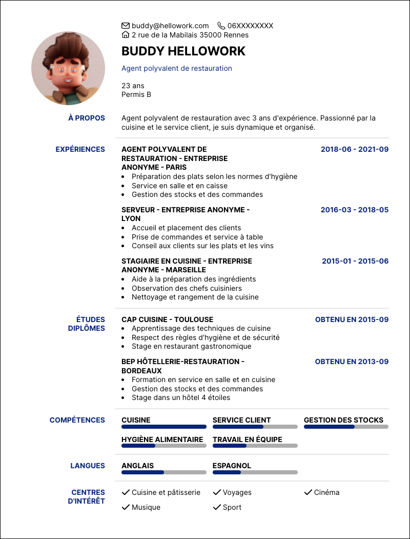 Modèle CV Agent polyvalent de restauration Exemple CV Agent polyvalent de restauration